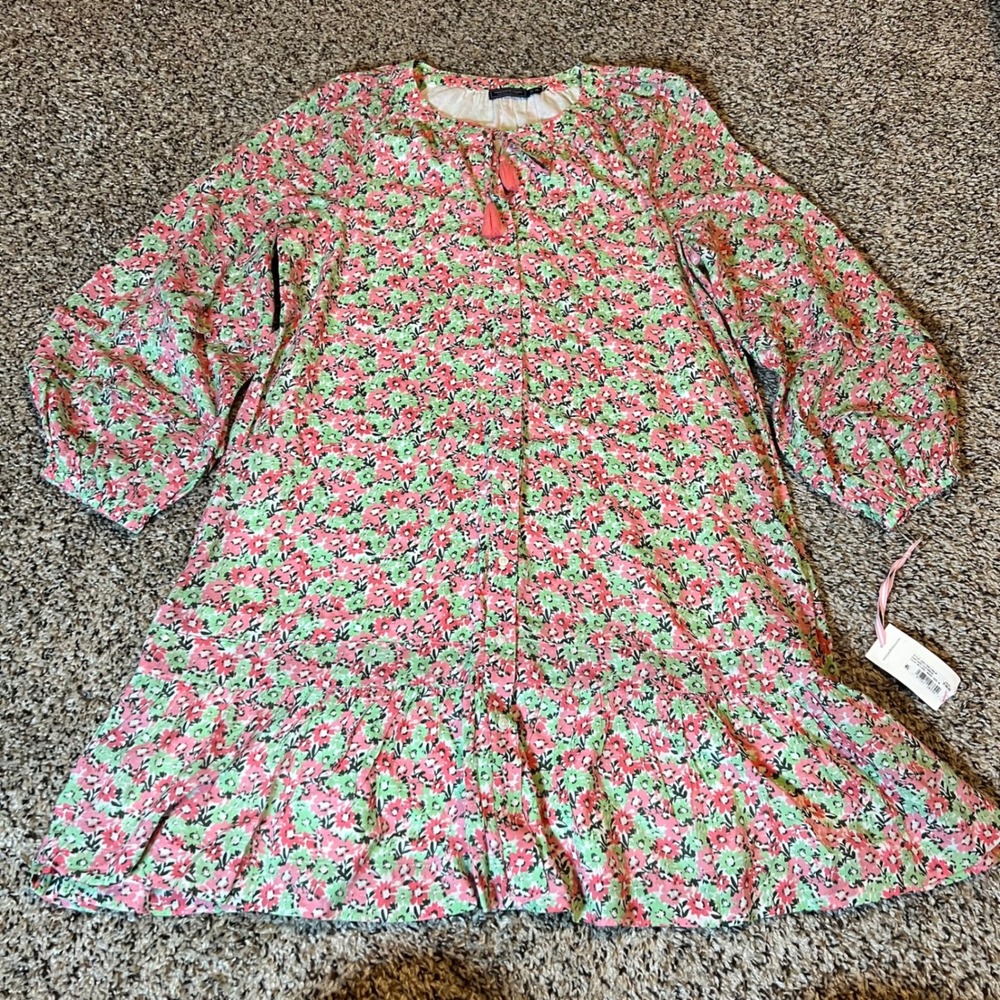 Vineyard Vines Tile Dress SB Floral‎ Marsh Tassel Tie Neck Long Sleeve Midi M